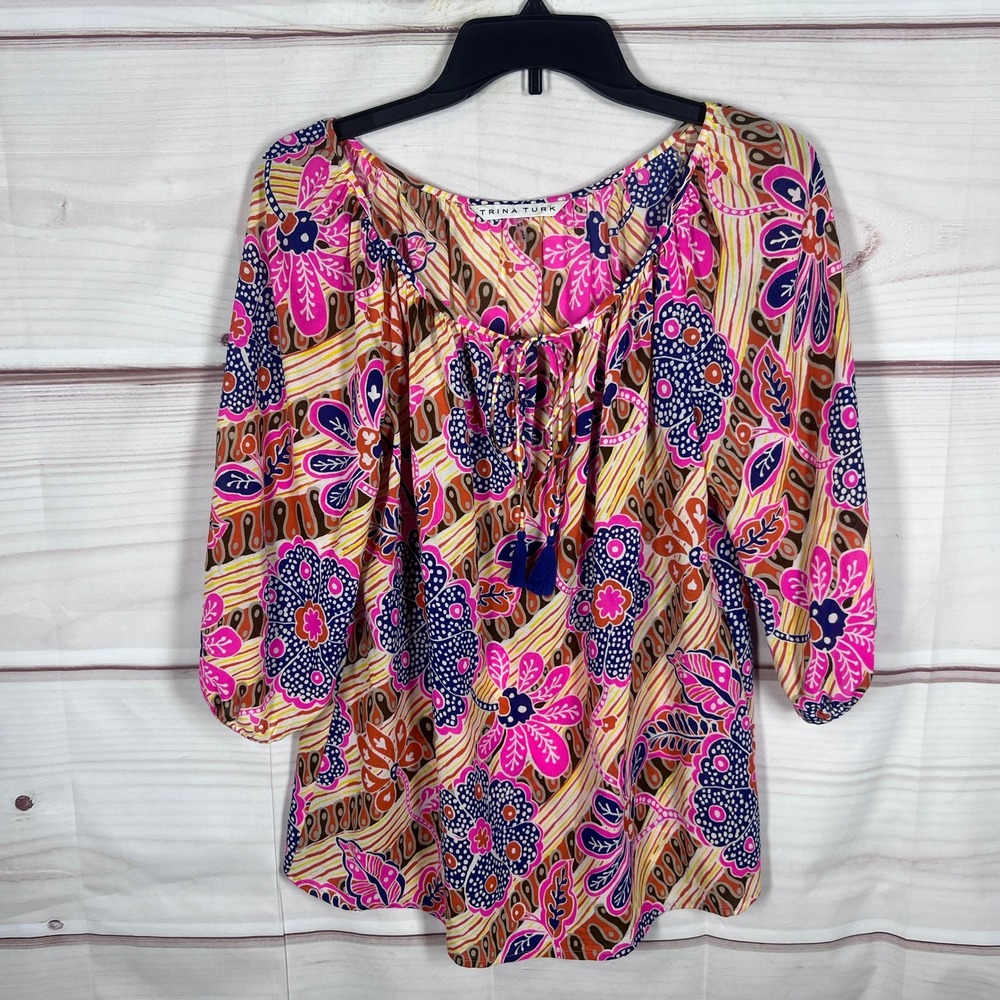 Trina Turk Blouse Women XS Multicolor Silk Blend Floral Peasant Tassel Tie Neck
